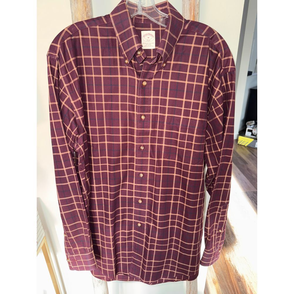 BROOKS BROTHERS Men's Cotton Maroon Beige Black Check Casual Dress MD Non‎ Iron